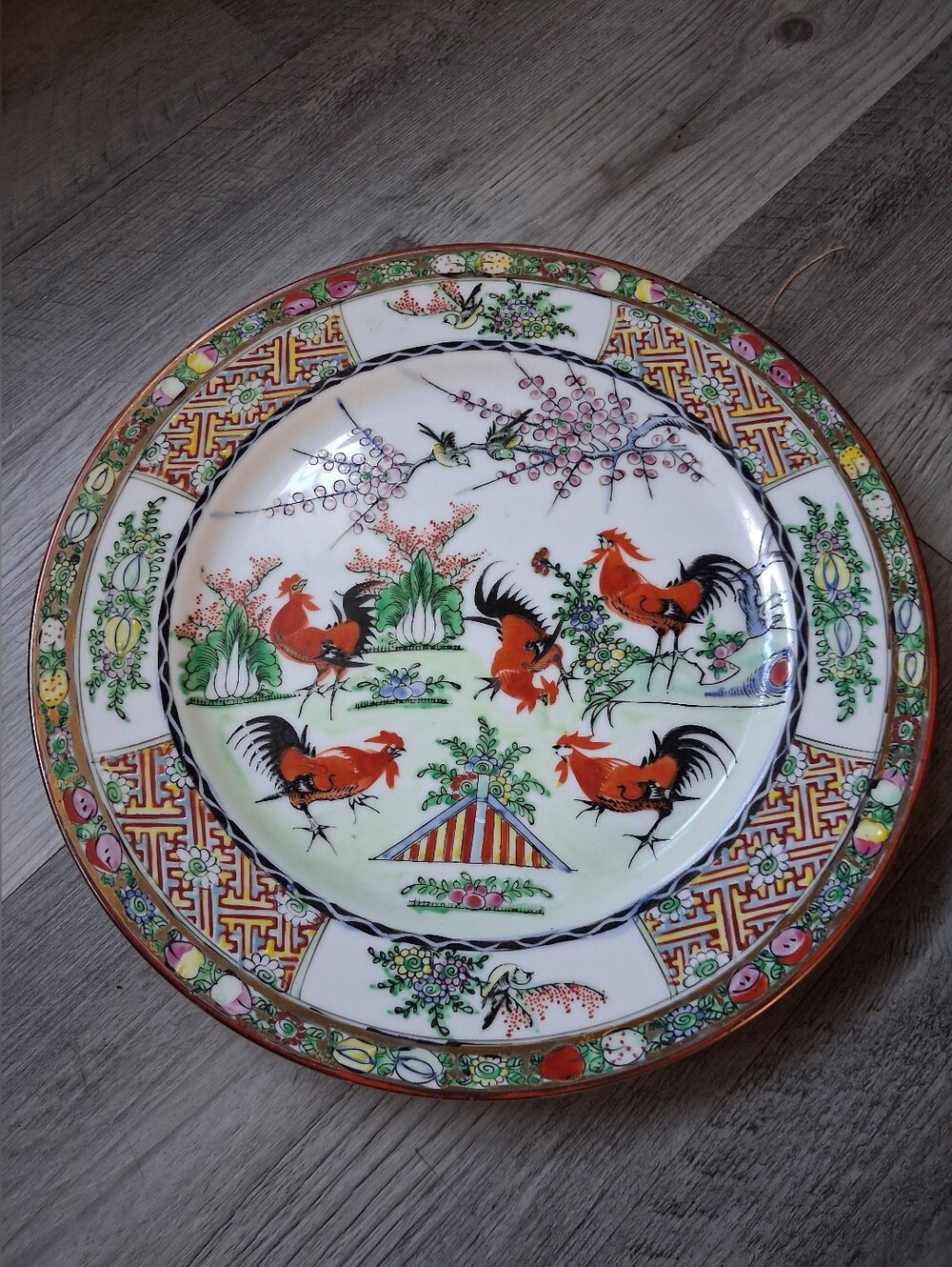 Decorative Rooster Motif Ceramic Charger - Red, Green, Black